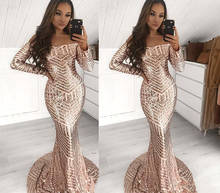 Stunning Full Sequins Mermaid Prom Dresses Long Sleeve Off Shoulder African Black Women Occasion Party Gowns Evening Dress 2024 - buy cheap