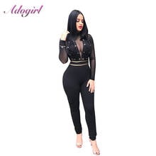 Sexy Sheer Mesh Bandage Night Party Club Jumpsuit Women Casual Long Sleeve Zipper Up Patchwork Rompers Street Outfit Overalls 2024 - buy cheap