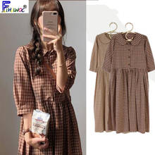 Cotton Vintage Dresses Women New Casual Cute Sweet Preppy Style Korea Japan A Line Peter Pan Collar Plaid Shirt Dress 9012 2024 - buy cheap