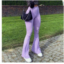 2021 Women Flare Pants Ribbed Knitted Slim Elastic High Waist Long Trousers Ladies Purple Sweatpants Female Vintage Clothing 2024 - buy cheap