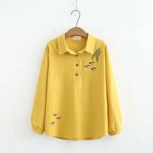 Женская блузка с вышивкой птицы размера плюс, хлопковые топы с длинными рукавами для офиса 2024 - купить недорого