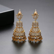 Brincos de zircônio cúbico indiano jhumka, brincos suspensos com pingente, detalhe de contas, tassel étnicas, jhumki, brincos de cristal retrô 2024 - compre barato