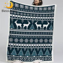 BlessLiving-Manta de cama para vacaciones de Navidad, cobija de ciervo y alce, colcha de árboles, manta peluda de rayas geométricas, copo de nieve, Koce 2024 - compra barato