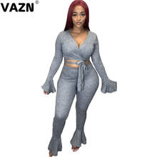 VAZN-Conjunto de 2 piezas formado por Top y pantalón largo, manga larga, manga larga, cuello en V, temporada otoño, 2020 2024 - compra barato