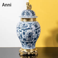 European Vintage Ceramic Vase Brass Lion Decorative Blue and White Porcelain Ornaments Desk Plant Pots Living Room Decoration 2024 - buy cheap