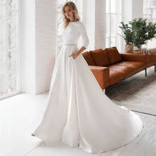 Простое свадебное платье-трапеция UZN, свадебное платье с глубоким круглым вырезом, длинными рукавами, поясом и бисером, свадебные платья с карманами 2024 - купить недорого