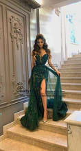 Sexy V-Neck Tulle Green Lace Prom Dresses with Pockets Long Abendkleider Sleeveless Court Train Formal Evening Party Gowns 2024 - buy cheap