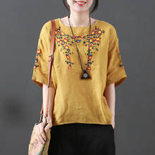 Plus size algodão camiseta feminina verão solto casual topos novo 2020 vintage bordado floral de alta qualidade camiseta femme p801 2024 - compre barato