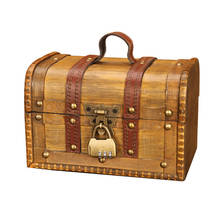Caja de almacenamiento de joyas de pirata de madera, Cofre del Tesoro Retro con cerradura, organizador, caja de almacenamiento de madera 2024 - compra barato
