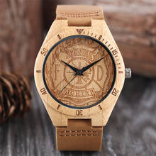 Punk Cool Engraved Firefighter Display Men's Wrist Watch Natural Bamboo Wood Case Brown Genuine Leather Strap Casual Male Clock 2024 - buy cheap