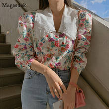 Blusa Coreana de manga farol para mujer, blusa holgada con estampado Floral, camisa informal de manga larga con cuello de muñeca, Primavera, 2021 2024 - compra barato