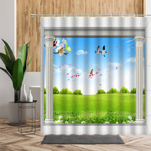 3D Stereo Outside Window Scenery Waterproof Shower Curtain Butterfly Flowers Landscape Background Bath Curtains Fabric With Hook 2024 - buy cheap