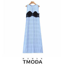 TMODA1211 Za-vestido de verano para mujer, vestido Midi de retazos con Sujetador de encaje, cuello redondo, Vintage, azul cielo, línea A, 2021 2024 - compra barato