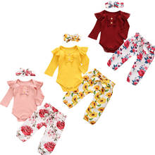 FOCUSNORM/осенние комплекты одежды для маленьких девочек от 0 до 18 месяцев трикотажный комбинезон с длинными рукавами и оборками, штаны с цветочным рисунком, повязка на голову 2024 - купить недорого