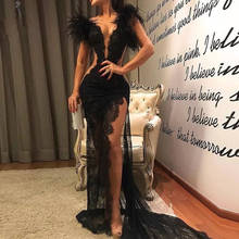 Sexy Side High Split Prom Dresses 2021 Deep V-Neck Lace Feathers Pleat Formal Evening Party Gown For Women Tulle Sweep Train 2024 - buy cheap