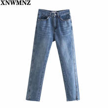 XNWMNZ New Wome Fashion faded high-rise Jeans Female Chic  high-waisted pockts button zip fly side slits hem pants Lady trousers 2024 - buy cheap