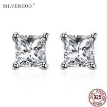 SILVERHOO 925 Sterling Silver Earrings For Women Geometry Square Cubic Zirconia Stud Earring Female Wedding Engagement Jewelry 2024 - buy cheap