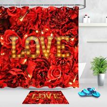 Cortina de chuveiro de dia dos namorados, cortina vermelha de rosa com flores amor à prova d'água, para banheiro, banheira, tela de banho com ganchos 2024 - compre barato