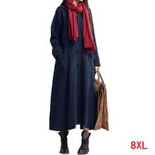 Vestido de algodão e linho para mulheres, plus size, 5xl 6xl 7xl8xl outono, manga longa, solto, bolso grande, vestido azul com capuz 2024 - compre barato
