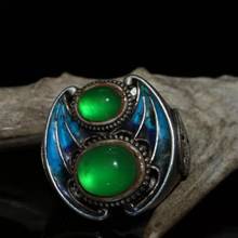 Anillo chino de plata tibetana antigua, anillo con incrustaciones cloisonné, piedra verde, jade, estampado de murciélago 2024 - compra barato