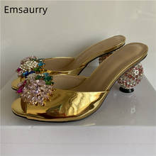 Sandálias femininas luxuosas de flor de strass, com bola de cristal joalheiro, salto alto, dedo aberto, couro de patente dourado, 2021, outwear 2024 - compre barato