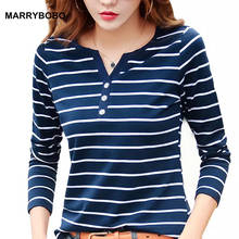 5XL Plus Size Women Slim Stripe Print Tee Shirt 2020 Autumn Cotton White T-Shirt Casual V-Neck Long Sleeve Tops 2024 - buy cheap