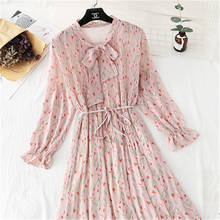 2020 Spring autumn New Hot Women Print Pleated Chiffon Dress Fashion Female Casual Flare Sleeve Lotus leaf neck Basic Dresses917 2024 - buy cheap