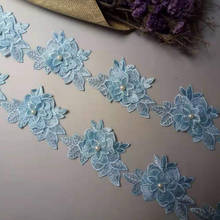 1 yard Vintage Blue Polyester Pearl Flower Embroidered Lace Trim Ribbon Fabric Handmade DIY Garment Wedding Dress Sewing Craft 2024 - buy cheap