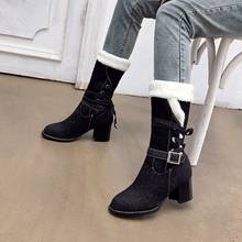 European and American personalized denim boots round toe thick heel medium high boots women's boots 41-42-48 large 2024 - buy cheap