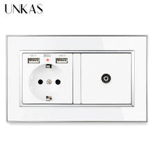 UNKAS Luxury Mirror Acrylic Panel 16A EU Standard Socket 146mm * 86mm Dual USB Charge Port + Female TV Jack Outlet 2024 - buy cheap