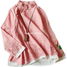 Винтажная хлопковая льняная блузка 2021, топы в китайском стиле Ципао, Женская свободная Классическая рубашка, китайский стиль, чайный костюм, рубашка 2024 - купить недорого