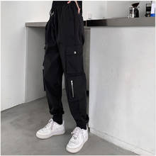 Antumn calça feminina elástica com cadarço, calça cargo, comprimento do tornozelo, hip-hop, streetwear com botões, zíper, preto 2024 - compre barato