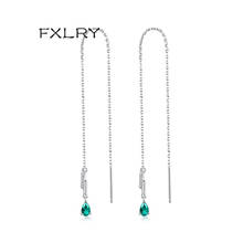 Fxlry brincos de borla longa micro-embutida, elegante, em forma de gota, pedra verde cz, bijuterias femininas 2024 - compre barato