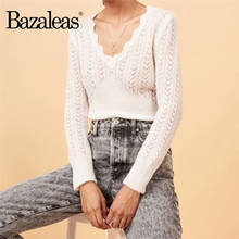 Bazaleas Vintage sweater women Casual France Hollow Out Sweater Ruffles V Neck pull femme harajuku Kintted Pullover Dropshipping 2024 - buy cheap