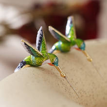 Серьги-гвоздики в виде Колибри с зеленой эмалью, животное, подарок для любимого, Женская пара летающих искусств # S2 2024 - купить недорого