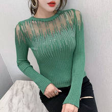 Nova primavera strass coreano roupas de malha camiseta sexy diamantes transparentes mulheres topos ropa mujer camisa de manga longa elástico 2024 - compre barato