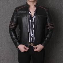 Jaqueta de couro da motocicleta dos homens couro genuíno outerwear primeira camada jaqueta de couro curto crânio padrão gola 2024 - compre barato