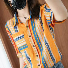 2020 verão coréia moda feminina manga curta turn-down collar algodão linho listrado camisas tudo combinado casual solto blusas m169 2024 - compre barato