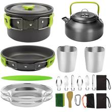 Juego de utensilios de cocina para acampar, Kit de cocina al aire libre para senderismo, Picnic con olla, olla, hervidor, cuchara, cuchillo, tenedor, taza, plato, espátula de madera 2024 - compra barato