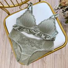 Women Thin Front Closure Bra Set Exquisite Lace Push Up Knitted Embroidery Bow Padded Wire Free Bra Brief Set 2024 - buy cheap