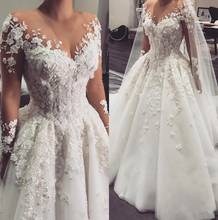 2020 арабский ТРАПЕЦИЕВИДНОЕ свадебное платье Воротник Sheer Jewel одежда с длинным рукавом 3D цветочные кружева аппликации из бисера размера плюс с длинным шлейфом тюль 2024 - купить недорого