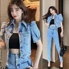 2021 spring  2 Two Piece Set Women Jeans Pants Sets   Tops+High Waist Skinny Pant Suit Pencil Jeans Outfits 2024 - buy cheap