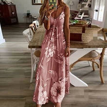 Sexy feminino v neck boho vestido floral sem mangas cinta de espaguete verão férias longo beachwear vestido de linha a 2024 - compre barato