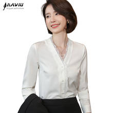 Professional Black White V Neck Long Sleeve Shirt Women New Spring Lace Edge Casual Blouses Office Ladies Bottomig Work Tops 2024 - buy cheap