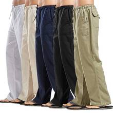 Shujin calças masculinas de linho natural, calças de verão casuais masculinas, de cintura elástica lisa, calças soltas plus size quentes 2024 - compre barato