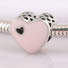 S925  Bead Pink Enamel Sweet Love Heart Charms fit Lady Bracelet Bangle DIY Jewelry 2024 - buy cheap