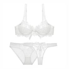 Sexy luxo ver através da senhora lingerie conjunto ultra-fino bordado sutiã de renda + calcinha + tanga 3 peças conjunto cyhwr 2024 - compre barato