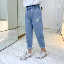 Girls Jeans Spring And Summer Children Daisy Embroidery Printed Blue Denim Trousers Kids Breathable Mid-waist Jeans Pants 2024 - buy cheap
