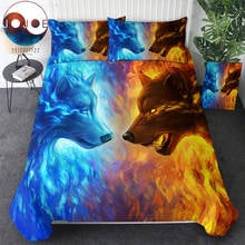 JoJoesArt-Juego de ropa de cama de 3 piezas, conjunto de funda de edredón con funda de almohada de Fire Wolf de hielo, de lujo, para el hogar 2024 - compra barato