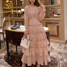 Vestido largo bordado de renda rosa de verão, vestido feminino de manga comprida com babado de cintura alta e elegante, 2020 2024 - compre barato
